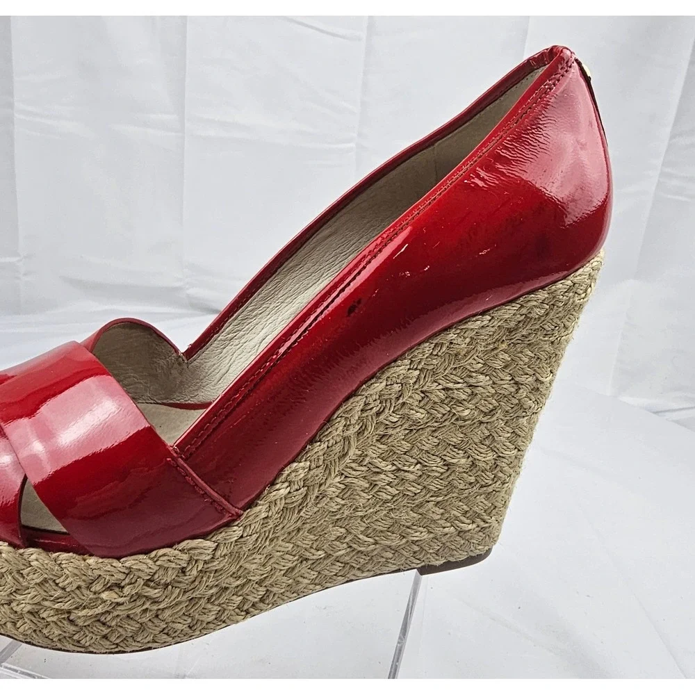 Michael Kors Red Patent Leather Espadrille Platform Wedge Heels Shoes Size 7.5